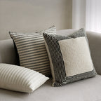 ESSENCE Frame, Pinstripe and Ivory Rib Lumbar pillows styled together