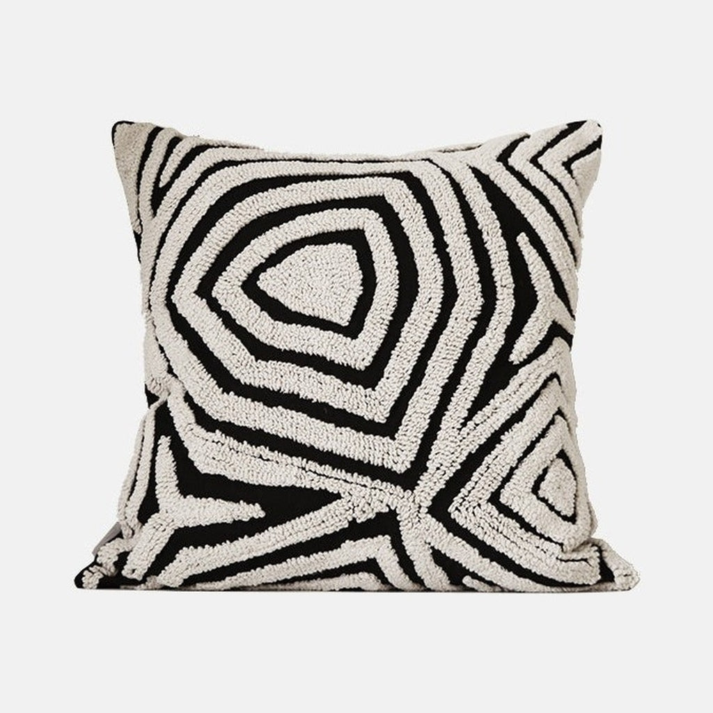 ESSENCE Maze pillow, 20 inch square, black and ivory tufted pattern